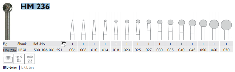 Meisinger Tungsten Carbide Instruments HM 236 HP XL E.N.T. Burs 70mm