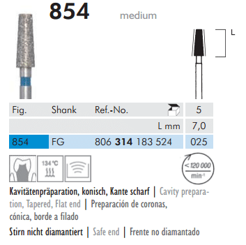 Meisinger Diamond Tapered Flat End 854 FG 025 Medium L 7.0mm