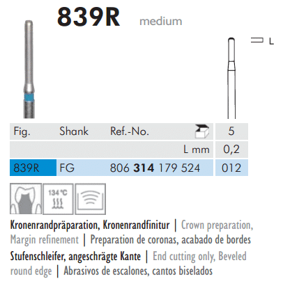 Meisinger Diamond Cylinder End Cutting Only 839R FG 012 Medium L 0.2mm