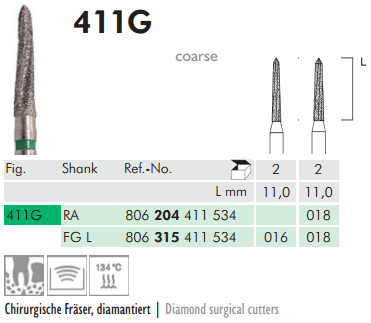 Meisinger Diamond surgical cutters 411G RA 018 Coarse