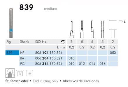 Meisinger Diamond Cylinder End Cutting Only 839 RA 010 Medium L 0.2mm