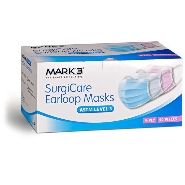 MARK3 SurgiCare Blue Earloop Face Masks Level 3 4ply 50/bx.